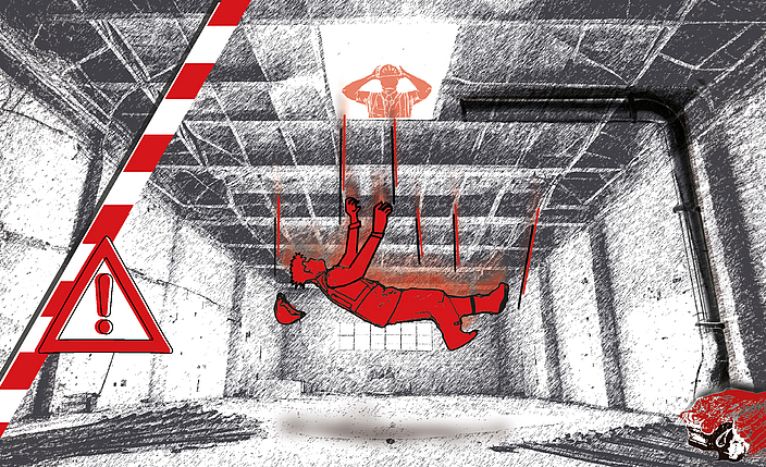 Negativbeispiel - Illustration eines Mannes, der durch eine Dachöffnung fällt und abstürzt.