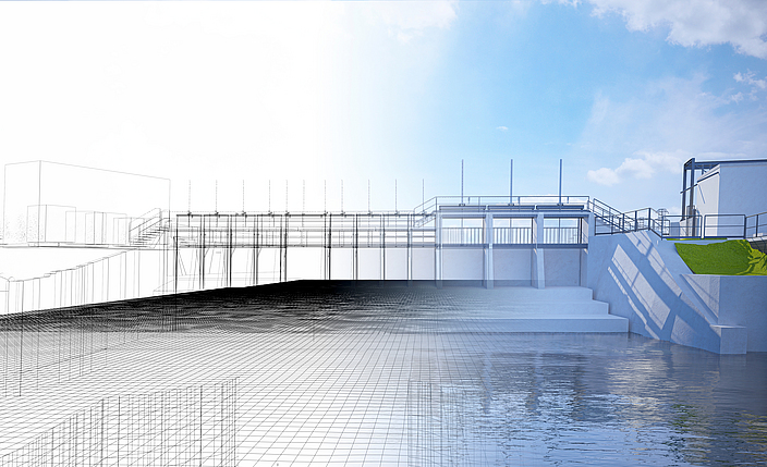 3D-Planung einer Brücke, die über einen Fluss geht.
