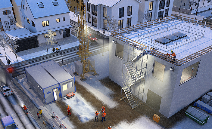 Illustration einer Baustelle im Winter: Blick von oben auf mehrere Bauarbeiter bei Schnee. Die Baustelle befindet sich inmitten einer Wohnanalage.
