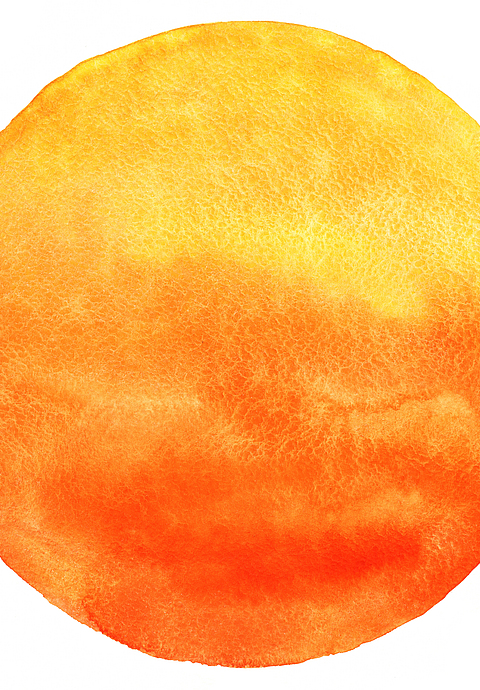 Gemaltes Bild einer Sonne in orange und gelb.
