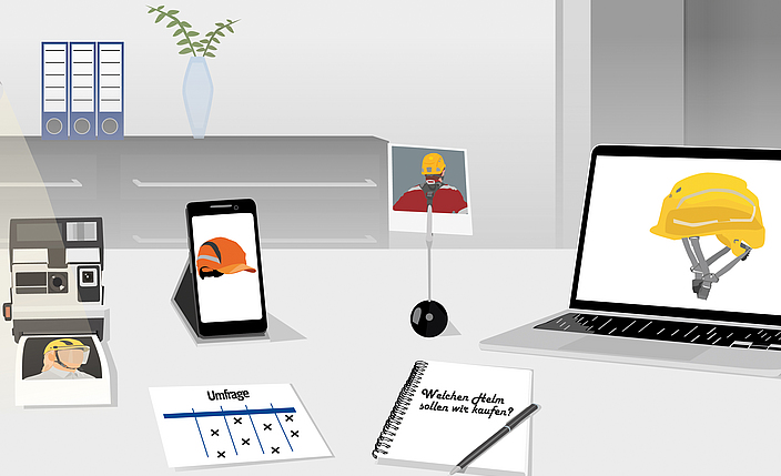 Illustration eines Schreibtisches, auf dem verschiedene Schutzhelme auf unterschiedlichen Kommunikationsmedien wie Smartphone, Laptop, Polaroidkamera zu sehen sind.
