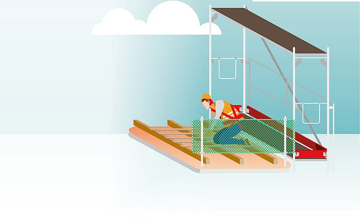 Grafik zeigt einen Mann, der auf einem Dach arbeitet. Er ist der gegen Absturz mit einem Gerüst und einem Gitter gesichert.
