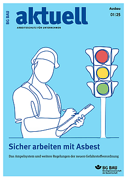 Titelbild der Zeitschrift BG BAU aktuell 1-2025, Ausgabe Ausbau. 