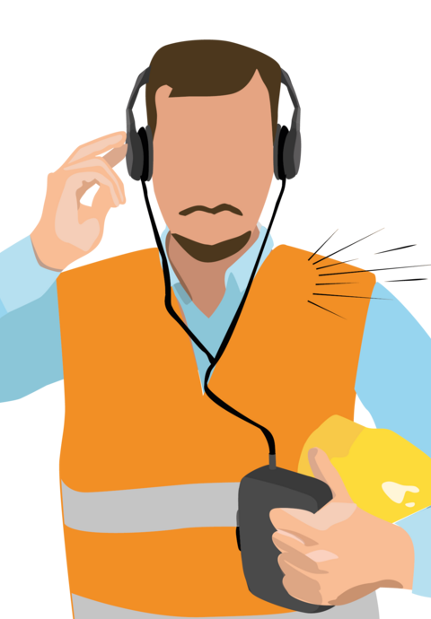 Illustration eines Bauarbeiters mit Kopfhörer.
