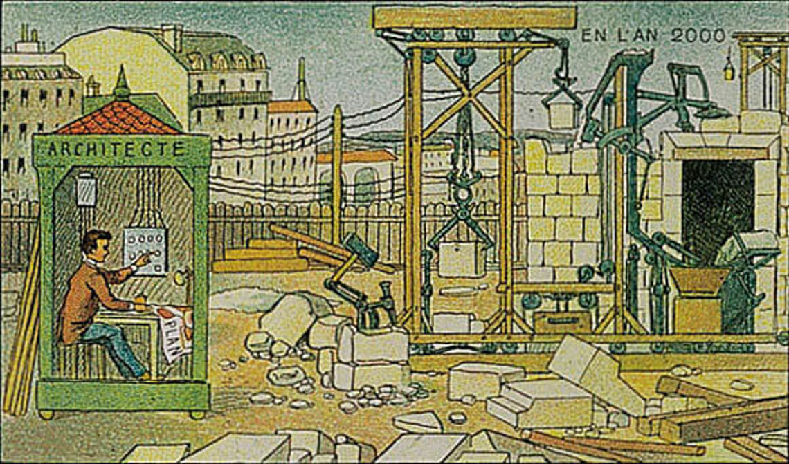 Illustration aus dem Jahr 1900 wie in Zukunft eine automatisierte Baustelle aussehen könnte.
