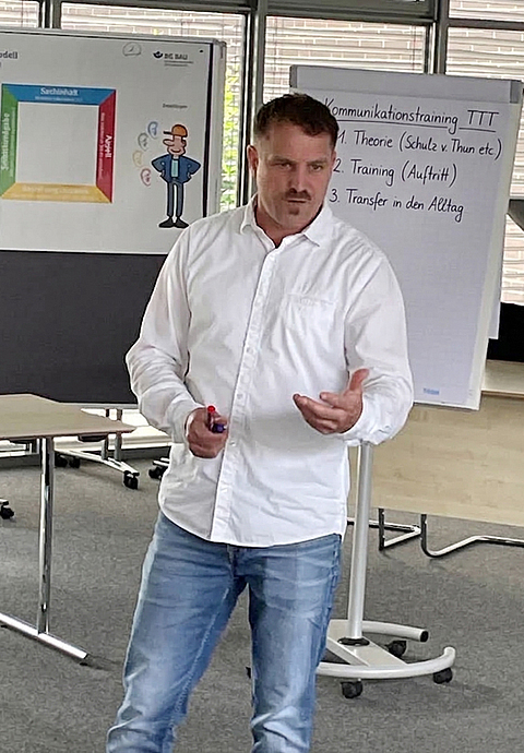 Dozent Tobias Jesse führt durch ein Kommunikationstraining mit Flipchart und Plakatwand im Hintergrund 