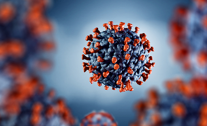 3D-Darstellung vom Corona Virus COVID-19.
