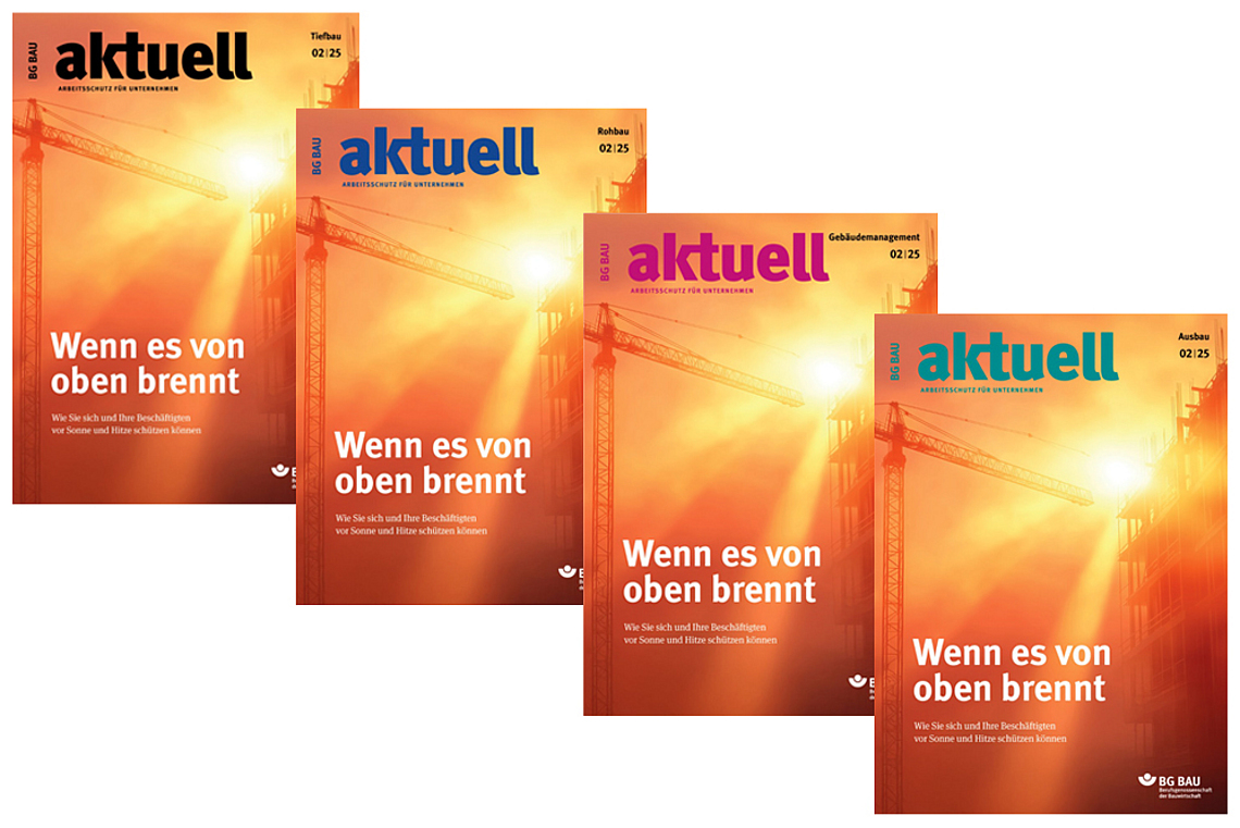 Collage der Titelbilder von BG BAU aktuell 2-2025 