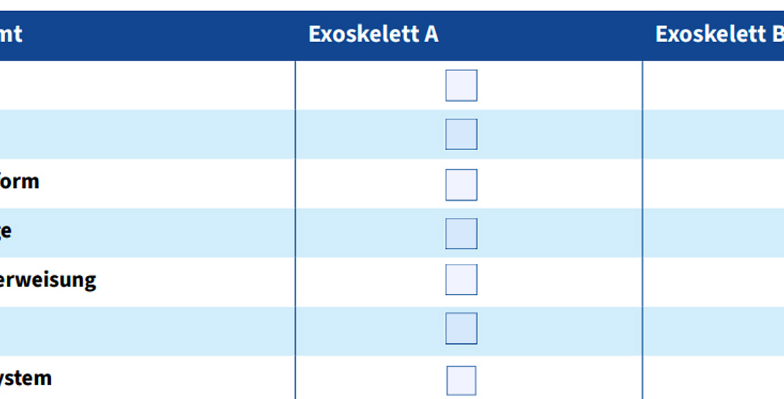 Checkliste Entscheidungsmatix Exoskelett mit zwei Spalten und mehreren Feldern. 