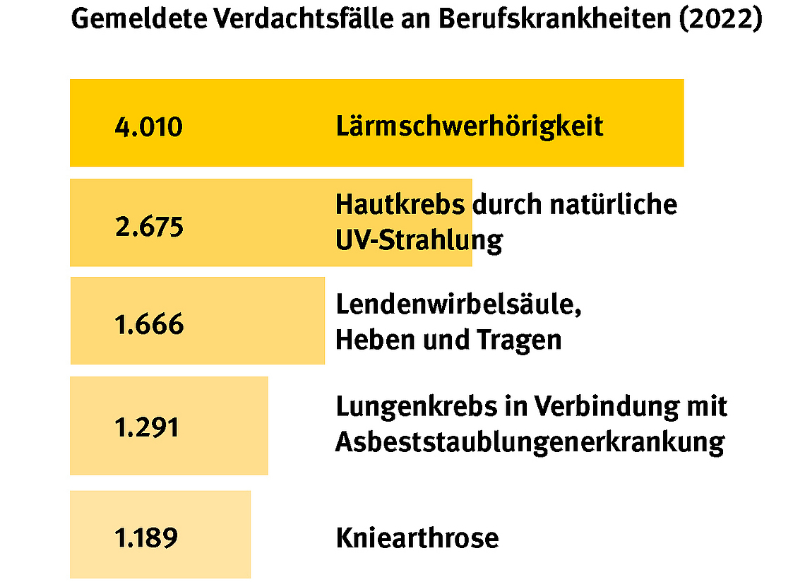 Grafik: Der BG BAU im Jahr 2022 gemeldete Verdachtsfälle an Berufskrankheiten.
