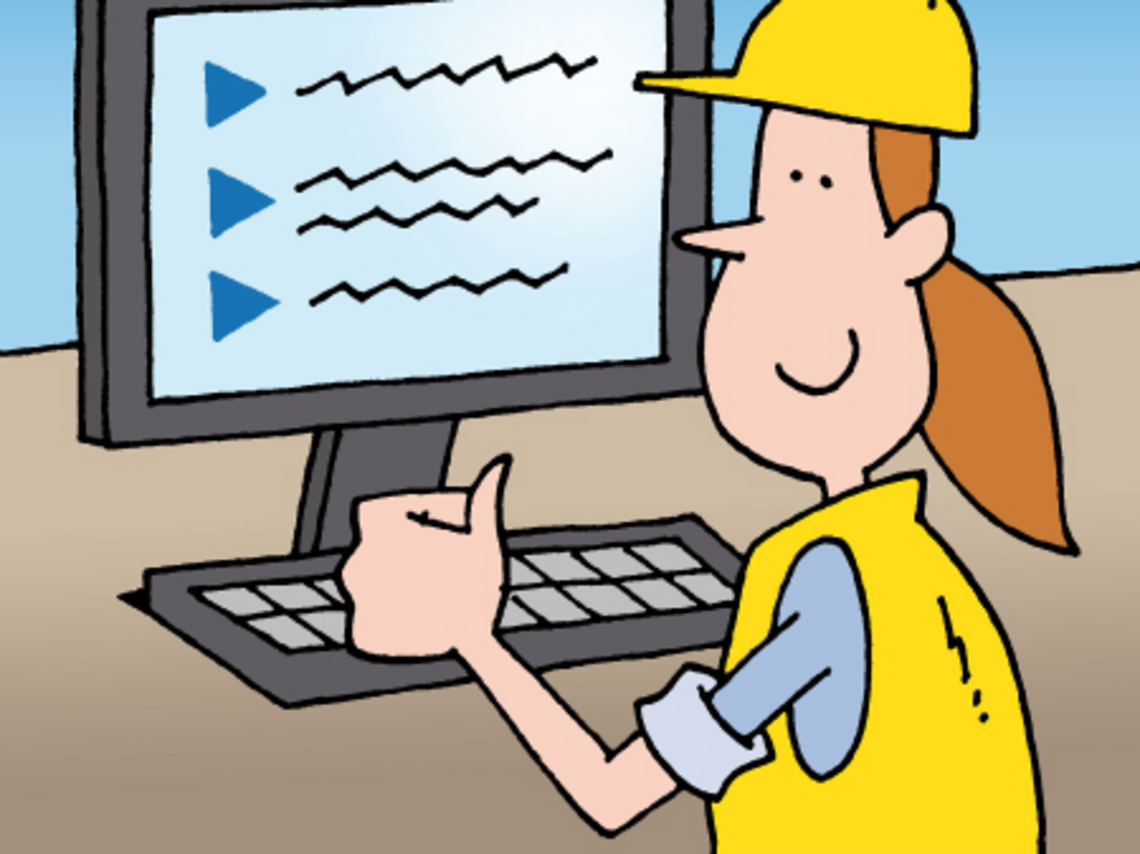 Grafik Bauarbeiterin vor Bildschirm und Schriftzug E-Learning-Angebote
