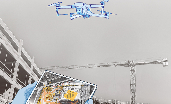 Illustrierte Drohne wird auf einer Baustelle mit einem illustriertem Tablet gesteuert.