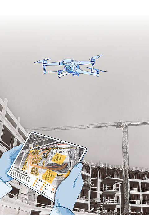 Illustrierte Drohne wird auf einer Baustelle mit einem illustriertem Tablet gesteuert.
