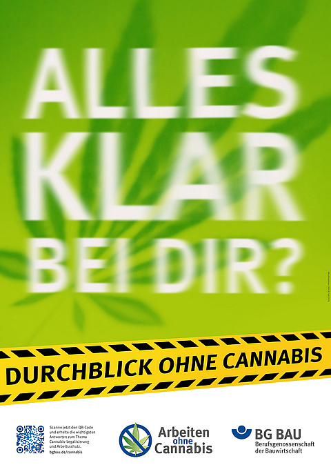 Poster zum Thema Arbeitsschutz-Cannabis mit verschwommener Schrift auf grünem Hintergrund: Alles klar bei dir?
