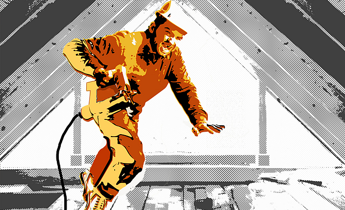 Negativbeispiel - Illustration eines Zimmerers, der sich mit einer Heftpistole einen Nagel ins Bein schießt.