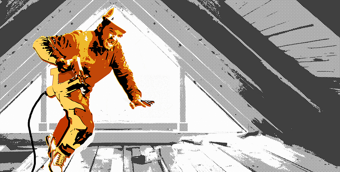 Negativbeispiel - Illustration eines Zimmerers, der sich mit einer Heftpistole einen Nagel ins Bein schießt. 