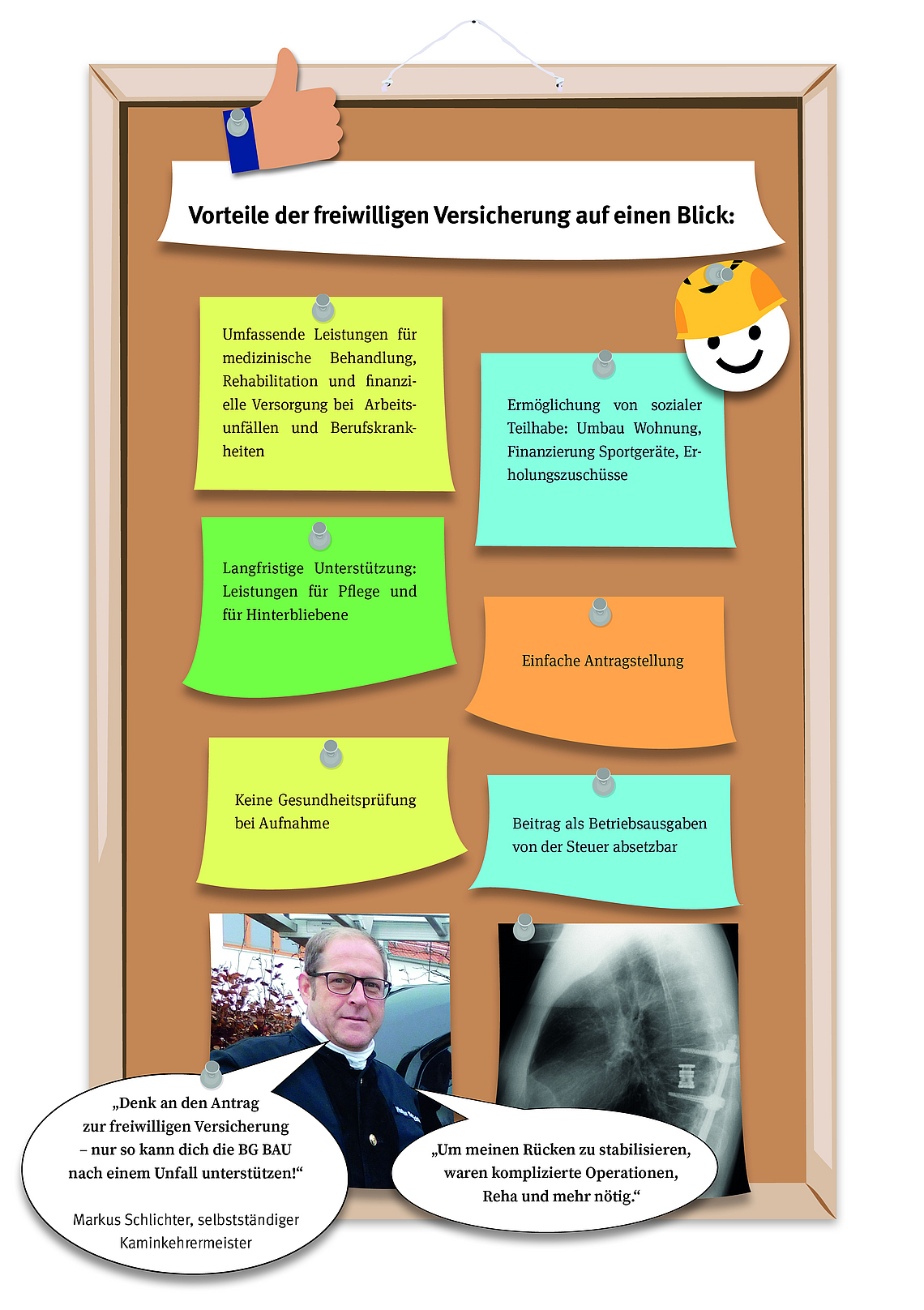 Grafische Darstellung einer Pinnwand mit Post-Its mit Notizen zu Vorteilen der freiwilligen Versicherung bei der BG BAU 
