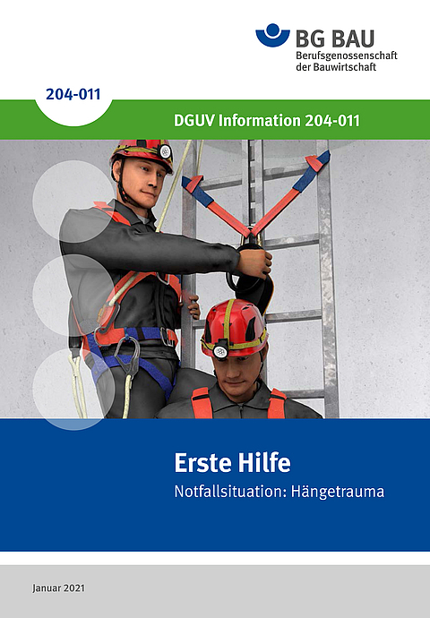 Titelbild DGUV Information 204-011: Erste Hilfe Notfallsituation - Hängetrauma.
