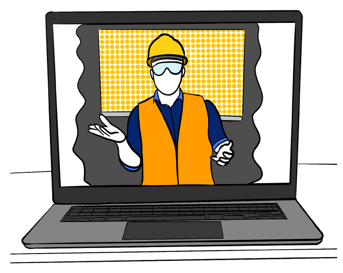 Illustration eines Laptops mit einer lehrenden Person.
