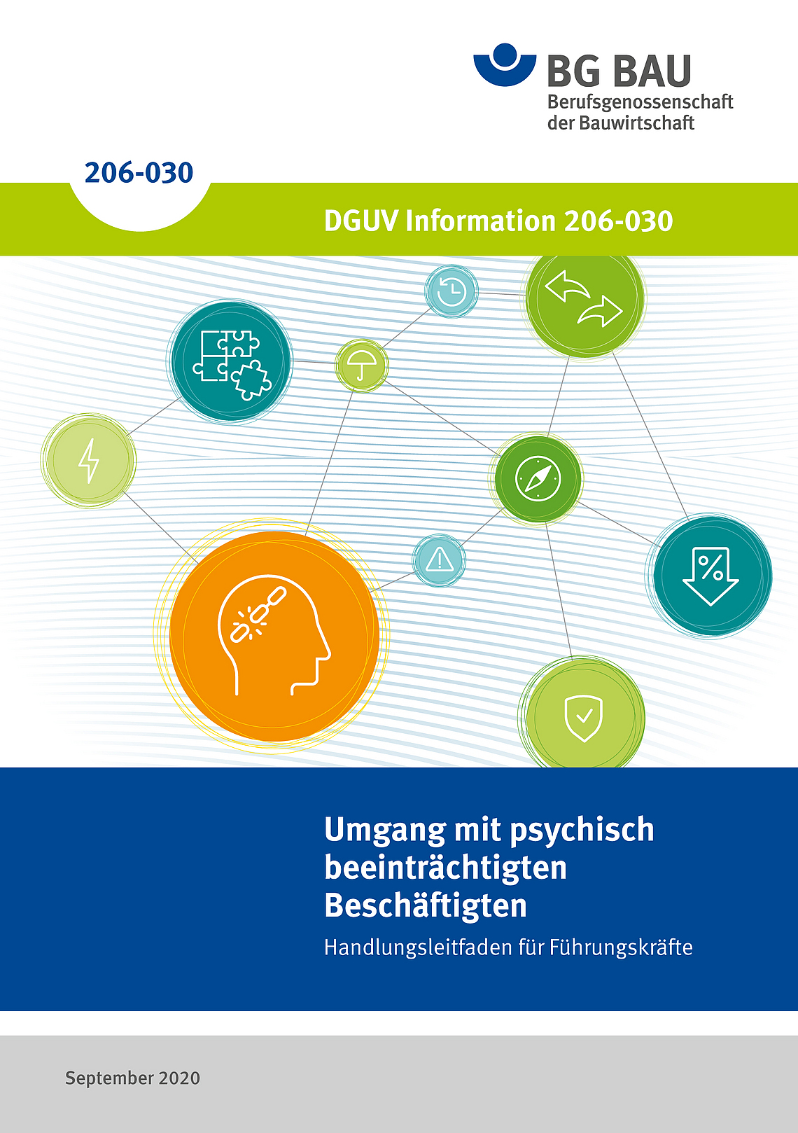 Titelbild der DGUV Information 206-030: Umgang mit psychisch beeinträchtigten Beschäftigten - Handlungsleitfaden für Führungskräfte.
