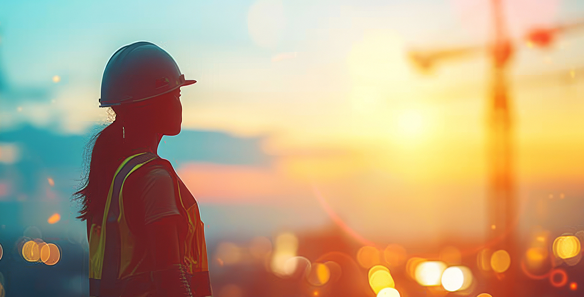 Eine Frau mit Warnkleidung und Schutzhelm schaut auf eine Baustelle im Sonnenuntergang. 