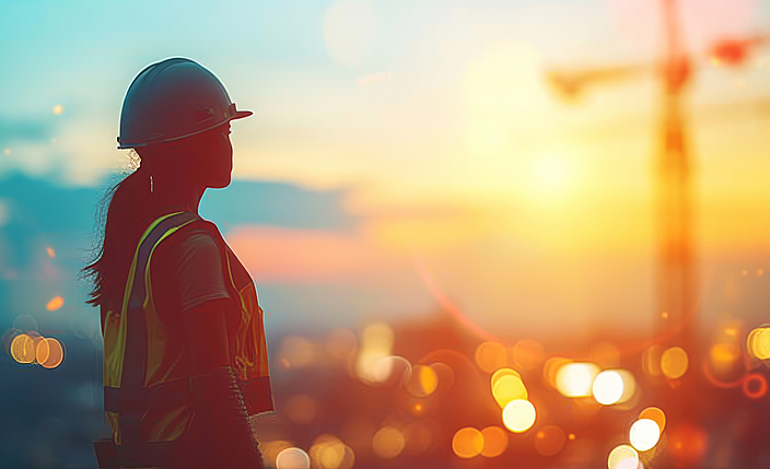 Eine Frau mit Warnkleidung und Schutzhelm schaut auf eine Baustelle im Sonnenuntergang.