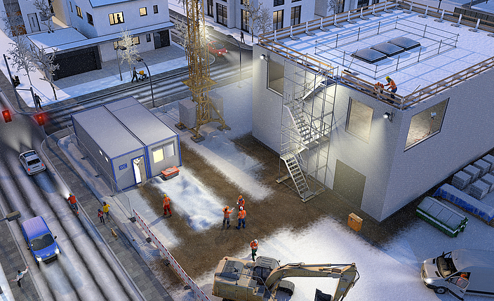 Illustration einer Baustelle im Winter: Blick von oben auf mehrere Bauarbeiter bei Schnee. Die Baustelle befindet sich inmitten einer Wohnanalage.

