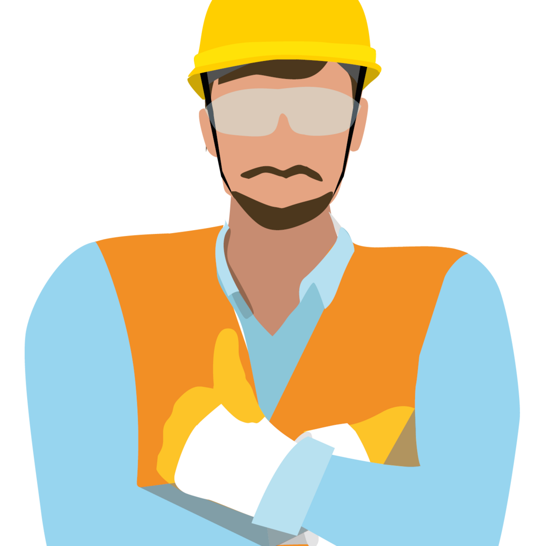 Illustration eines Bauarbeiters mit Schutzhelm, Vier-Punkt-Kinnriemen und Warnweste.
