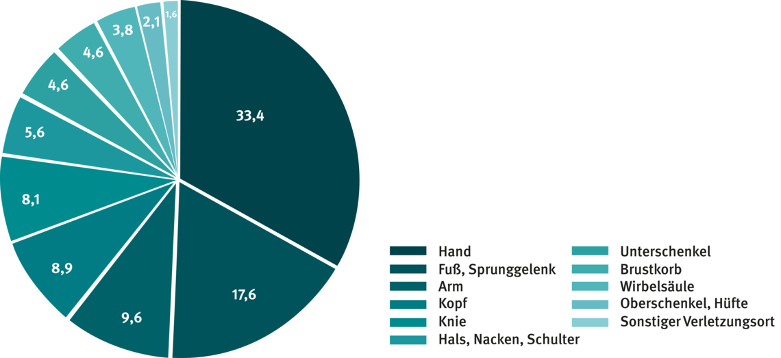 Ein Kuchendiagramm zeigt die Verteilung der verletzten Körperteile in Prozent an. Die meisten Verletzungen sind an der der Hand, die wenigsten an Oberschenkel und Hüfte. 