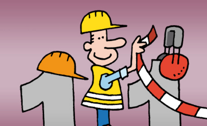 Grafik Bauarbeiter steht zwischen zwei Einsen und Schriftzug 1 x 1 im Arbeitschutz