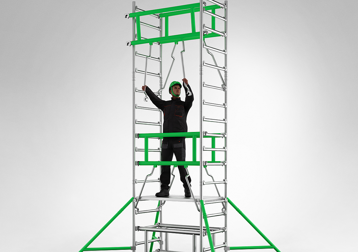Eine Person steht auf einem mobilen Ein-Personen-Gerüst. 