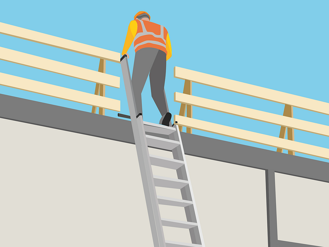 Grafik mit Bauarbeiter, der über eine Stufenleiter sicher und ergonomisch aus einer Baugrube steigt.
