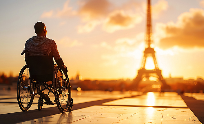 Ein Rollstuhlfahrer betrachtet bei Sonnenuntergang den Eifelturm in Paris.