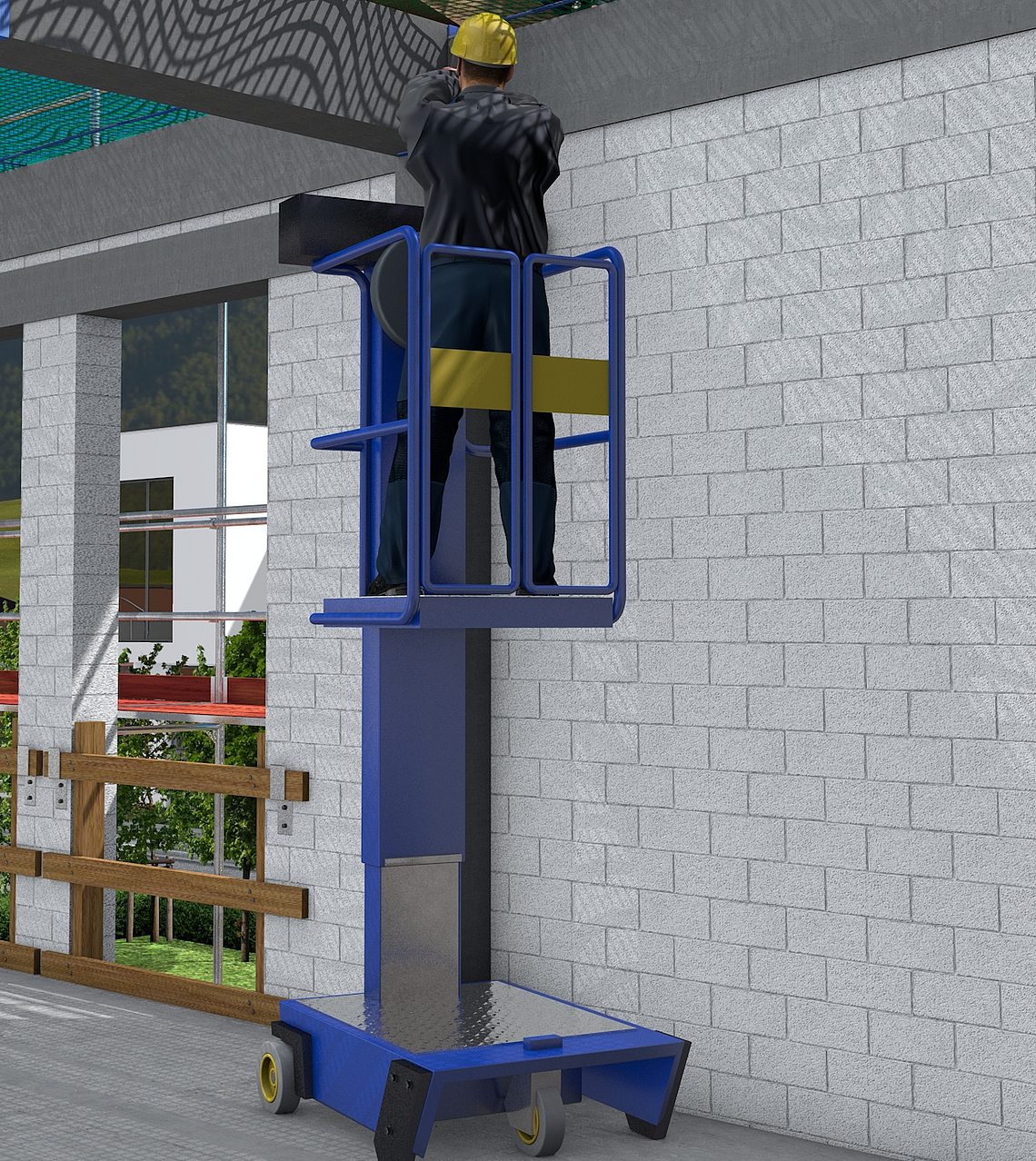 Ein Bauarbeiter bei Arbeit auf einer Kleinsthubarbeitsbühne.
