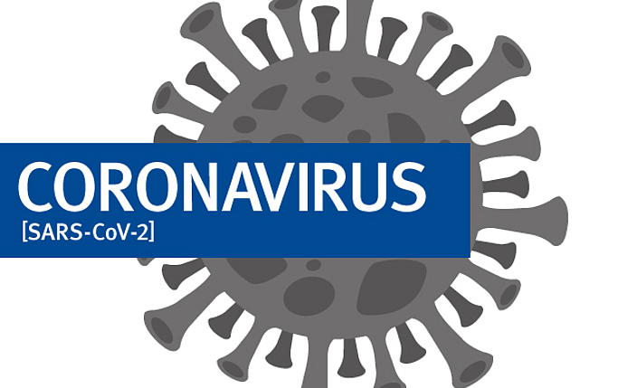 Piktogramm Coronavirus mit blauer Schrift