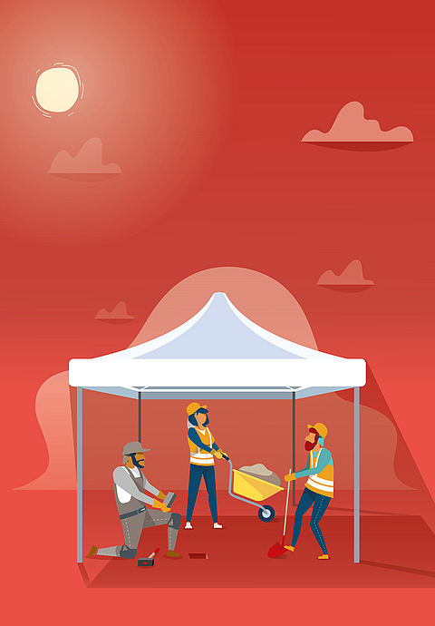 Illustration eines Wetterschutzzeltes für die Beschäftigten zur Vermeidung von Sonnenbestrahlung.
