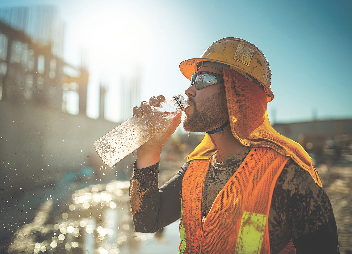 Ein Bauarbeiter trinkt Wasser auf einer Baustelle. 