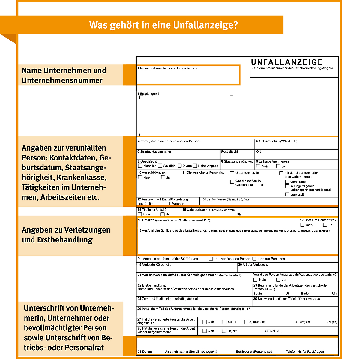 Infografik Unfallanzeige zur Meldung eines Arbeitsunfalls oder eines Wegeunfalls. 