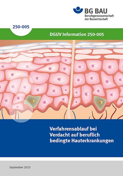 Titelbild der DGUV Information 250-005: Verfahrensablauf bei Verdacht auf beruflich bedingte Hauterkrankungen.
