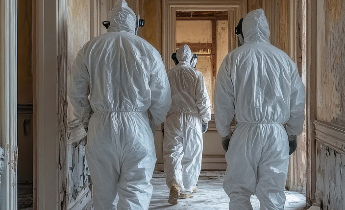 Titelbild des Leifadens „Asbest“ der BG BAU: Drei Personen in Schutzanzügen laufen durch ein Gebäude, in dem Asbest verbaut wurde.