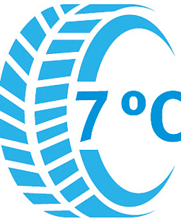 Illustration eines Reifens mit der Schrift 7 Grad Celsius. 