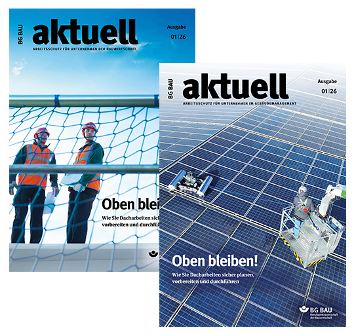 Collage der Titelbilder von BG BAU aktuell 1-2026. 
