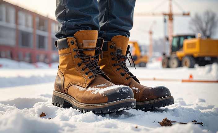 Auf einer Baustelle stehen zwei Arbeitsschuhe im Schnee.