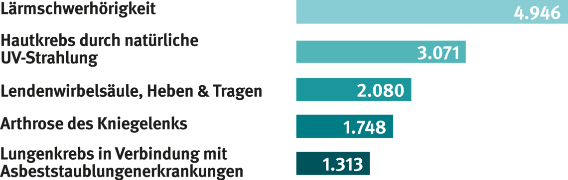 Ein Balkendiagramm zeigt die Verteilung der häufigsten Berufskrankheiten in 2024. Lärmschwerhörigkeit liegt mit 4.946 Fällen weit vorne. 