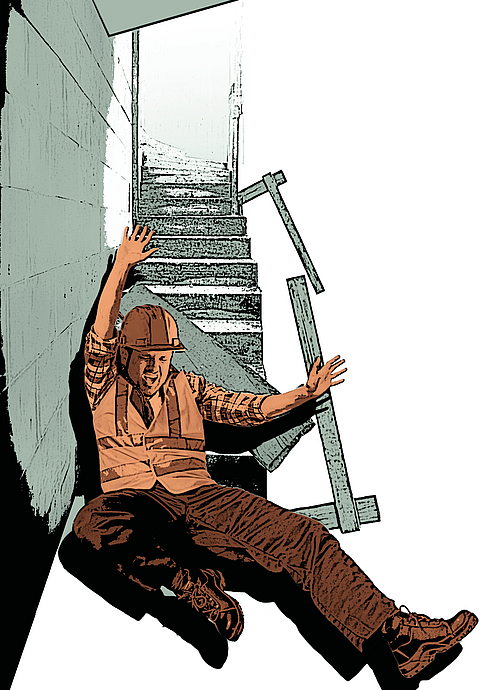 Illustration Bauarbeiter stürzt eine Treppe hinunter. 