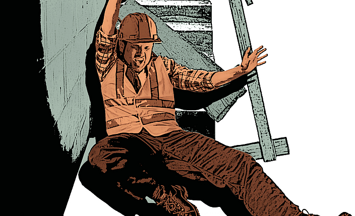 Illustration Bauarbeiter stürzt eine Treppe hinunter.