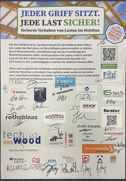 Urkunde mit Unterschriften und Logos der Unterzeichnenden der Initiative "jede Last sicher". 