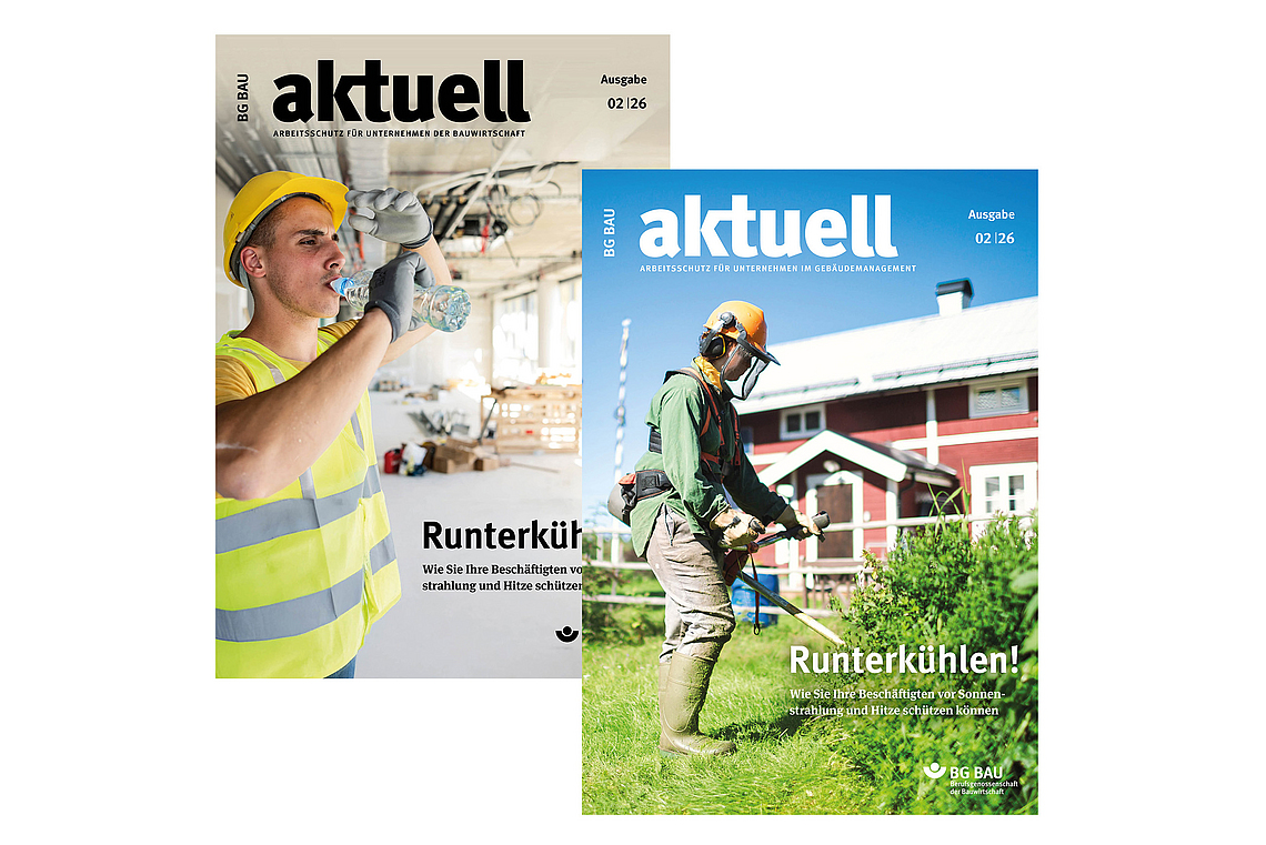 Collage der Titelbilder von BG BAU aktuell 2-2026. 