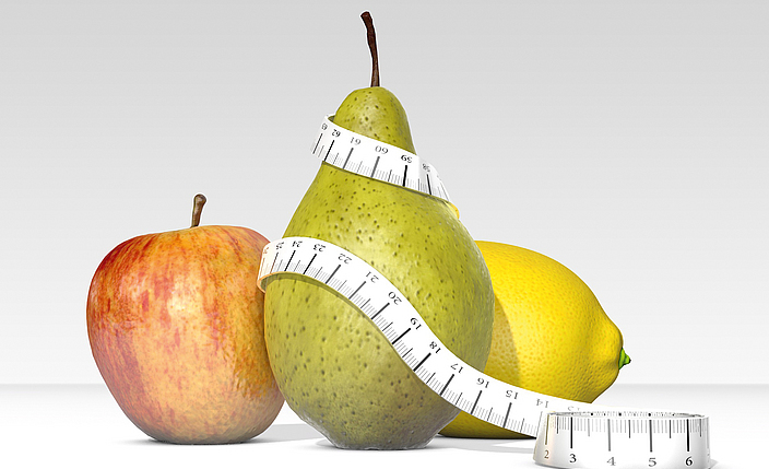 Darstellung einer vitamin- und ballaststoffreichen Ernährung mit Obst. 