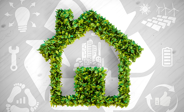3D-Illustration eines grünen Hauses mit ökologischen Symbolen.
